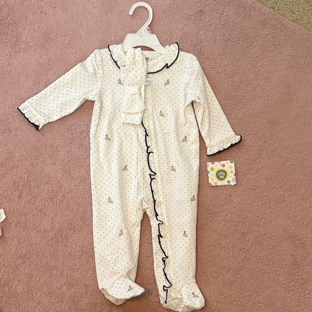 Little Me White Polka Dot Footie with Navy Trim